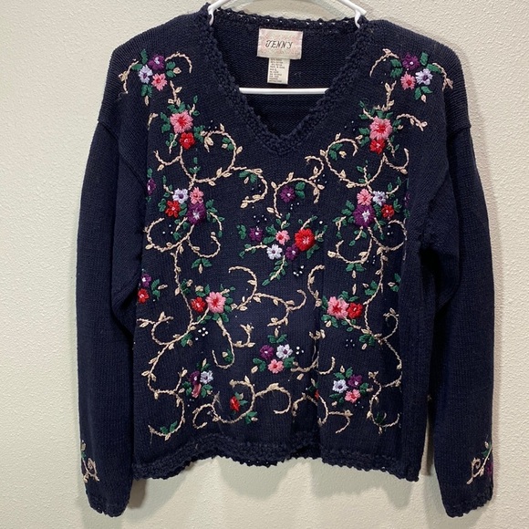 Jenny Sweaters - Vintage Jenny embroidered sweater navy floral beaded